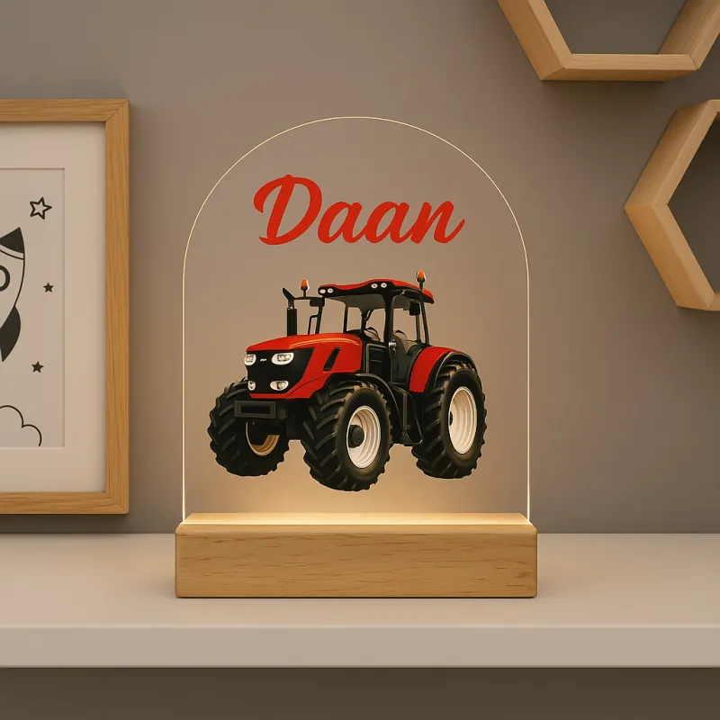 Nachtlampje Rode Trekker met Naam | Stoer Cadeau voor Kinderen