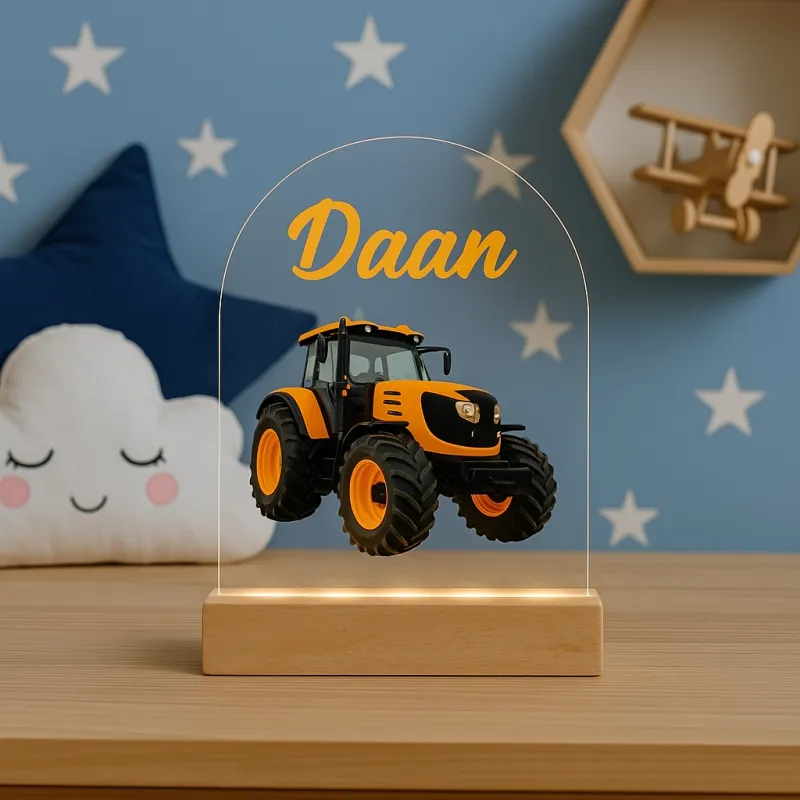 Nachtlampje Tractor Oranje met Naam | Stoer Cadeau voor Kinderen