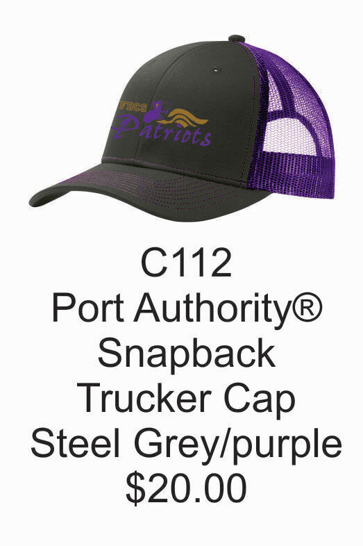FBCS Port Authority® Snapback Trucker Cap (C112) Steel Grey/Purple