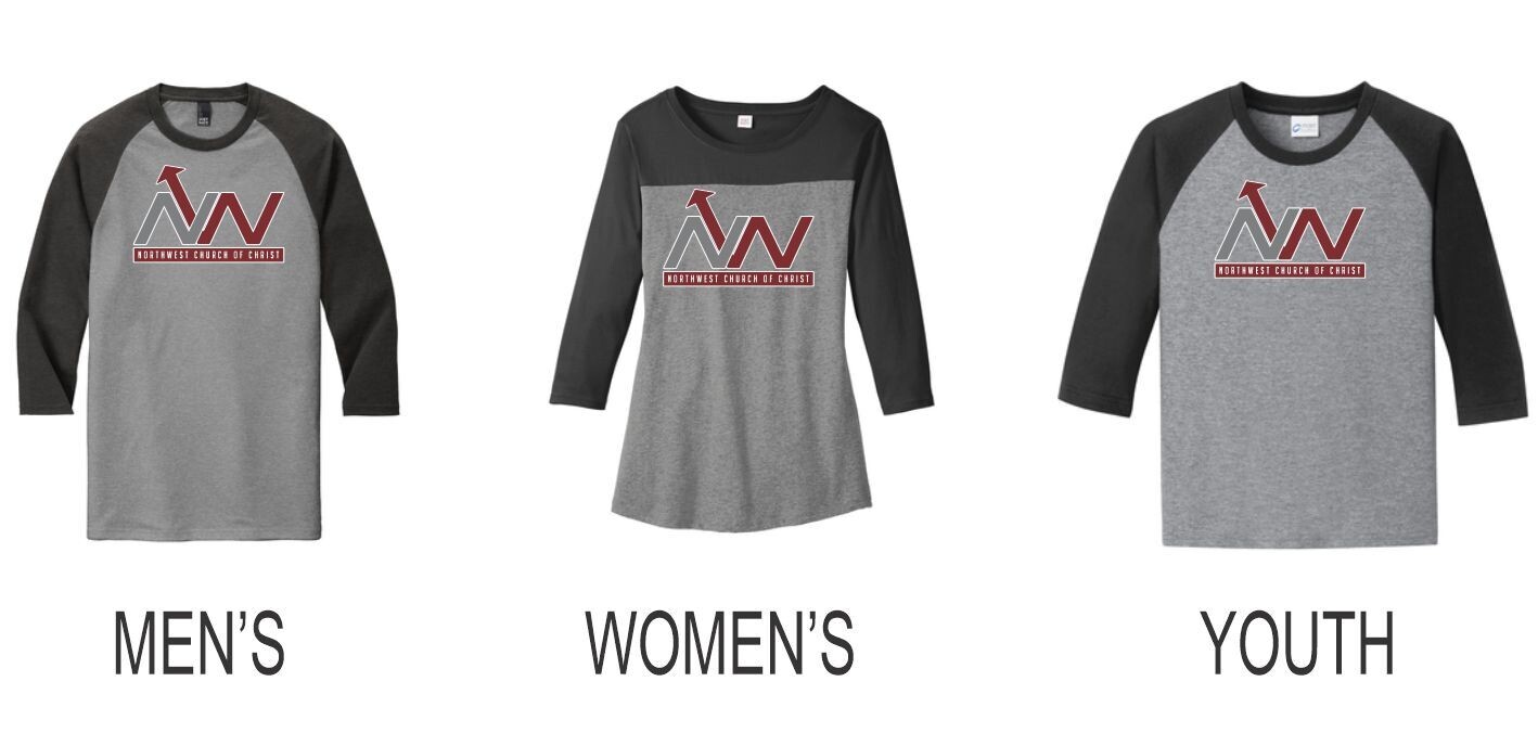 NWCofC District ® Perfect Tri ® 3/4-Sleeve Raglan (MENS), District ® Women’s Rally 3/4-Sleeve Tee (WOMEN&#39;S), Port &amp; Company® Youth Core Blend 3/4-Sleeve Raglan Tee (Grey/Black)