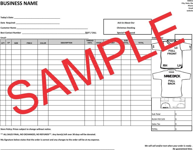 Work Order for Embroidery, Screen Printing or Vinyl