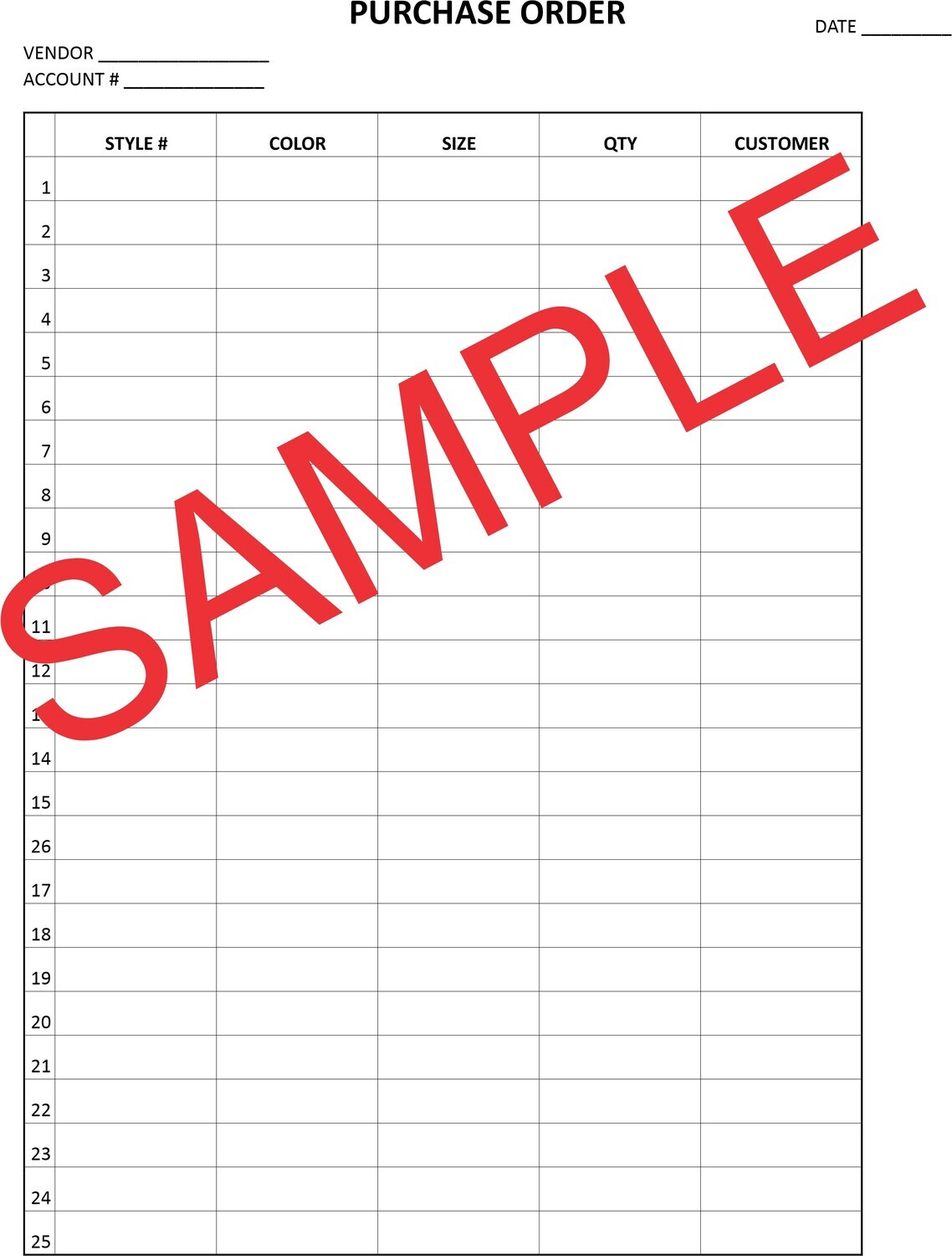 Purchase Order for Embroidery, Screen Printing or Vinyl