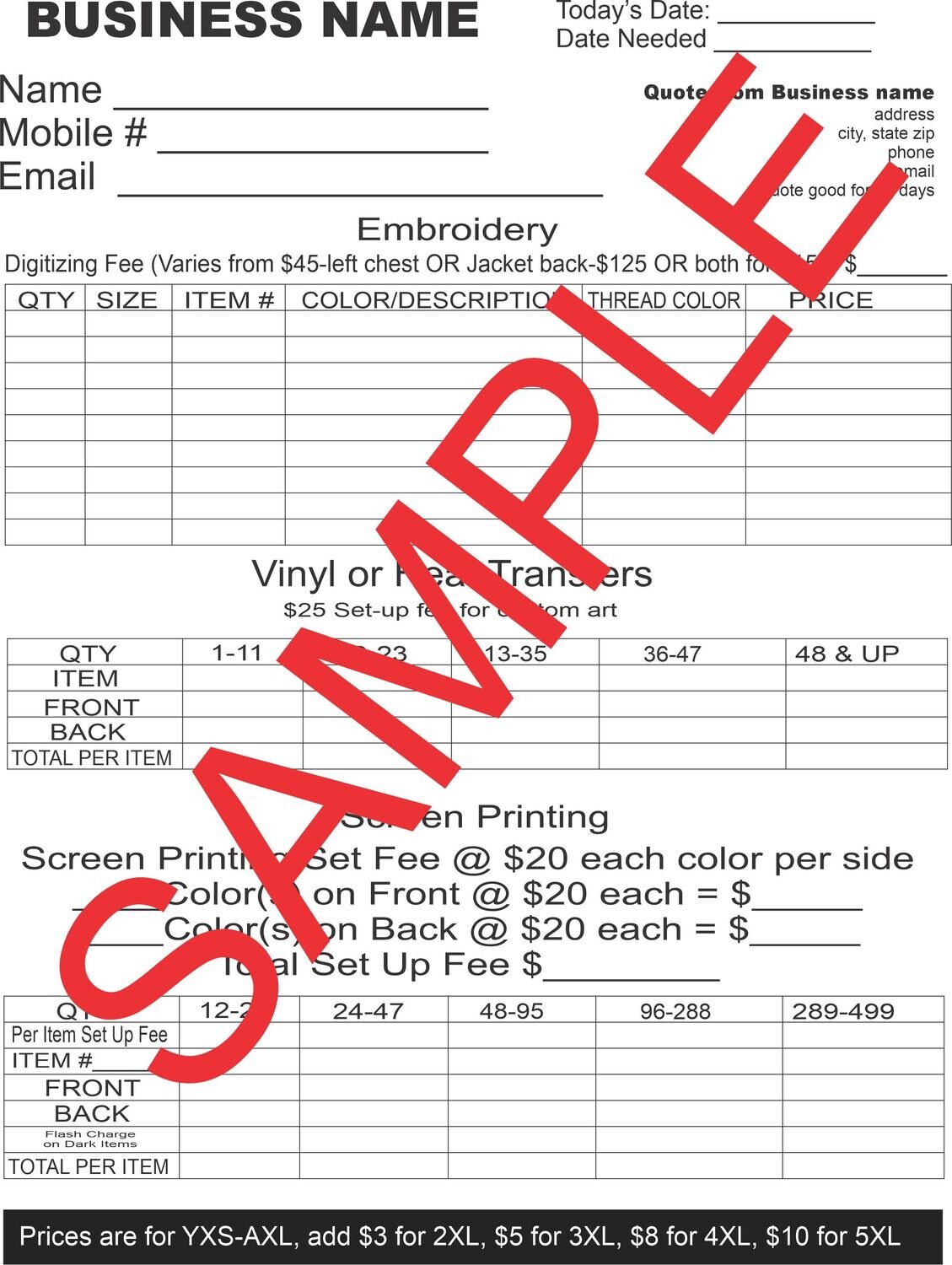 Quote Sheet for Embroidery, Screen Printing or Vinyl