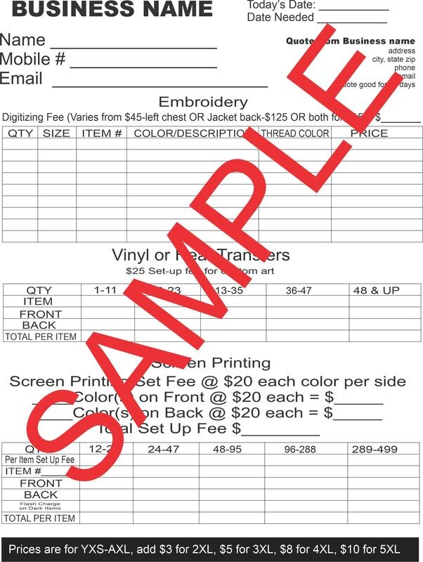 Quote Sheet for Embroidery, Screen Printing or Vinyl