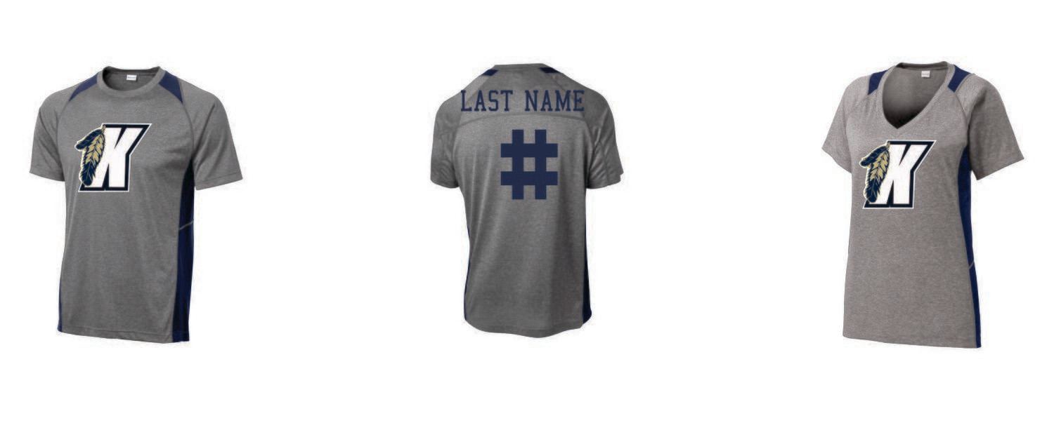 KGL &quot;JERSEY&quot; Sport-Tek® Heather Colorblock Contender™ Tee (Men&#39;s, Ladies or Youth)  with K LOGO on front, Name &amp; Number on Back (Grey/Navy)