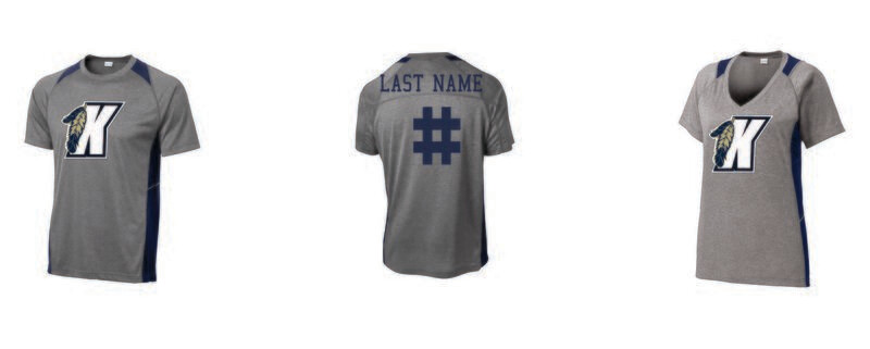 KGL &quot;JERSEY&quot; Sport-Tek® Heather Colorblock Contender™ Tee (Men&#39;s, Ladies or Youth)  with K LOGO on front, Name &amp; Number on Back (Grey/Navy)