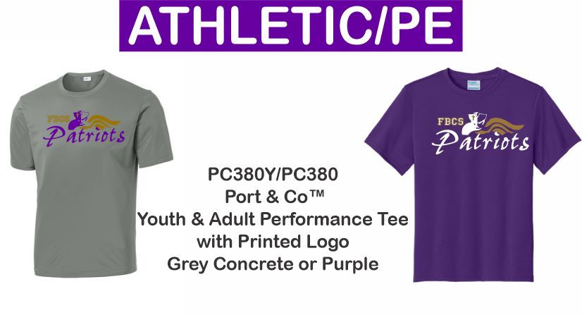 FBCS Athletic/PE Shirts Youth &amp; Adult Performance Tee with Printed Logo