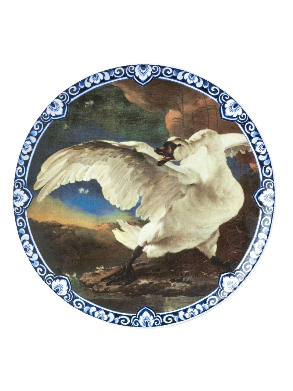 Heinen Delfts Blauw | Wandbord De Bedreigde Zwaan - 31cm