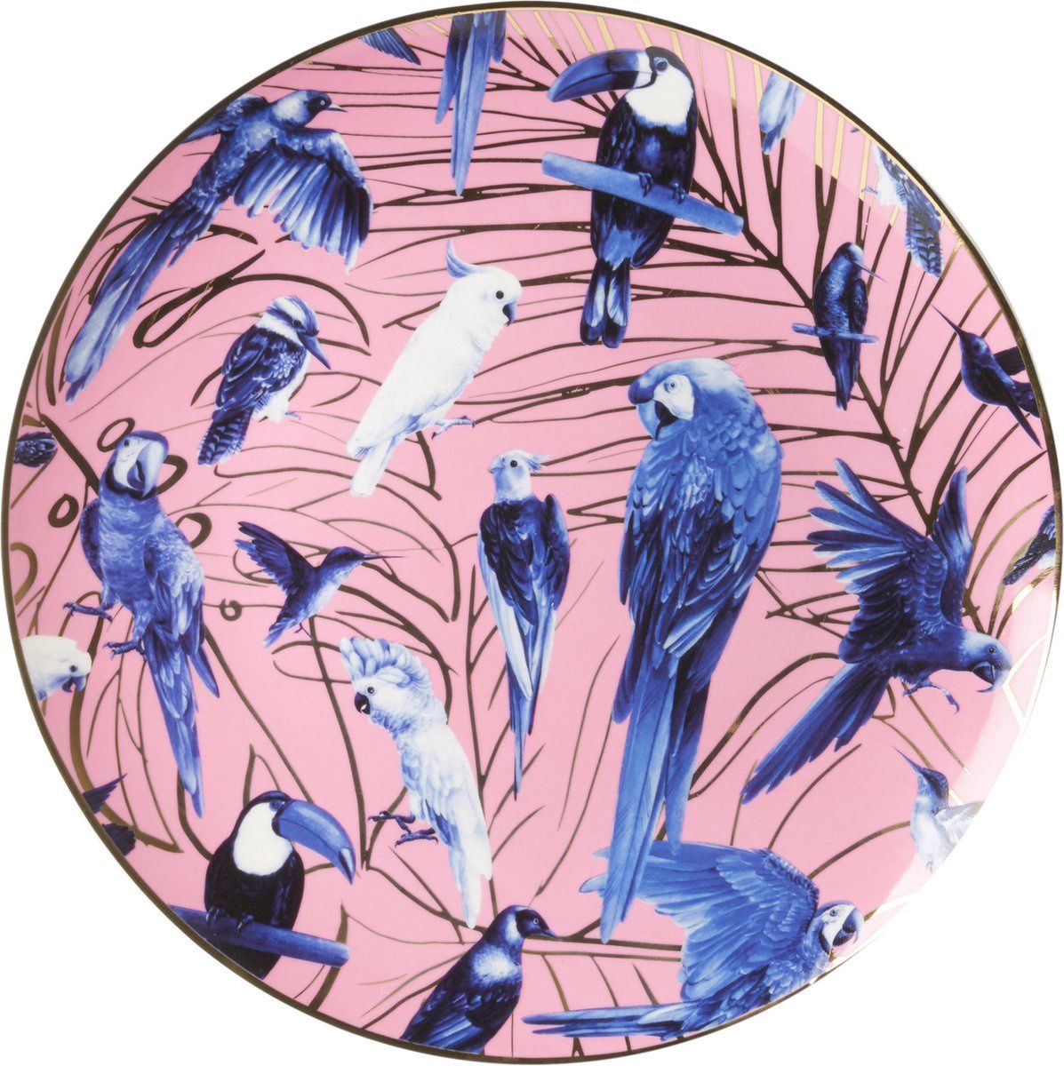 Heinen Delfts Blauw | Bord Tropische Vogels Roze - 31.5cm