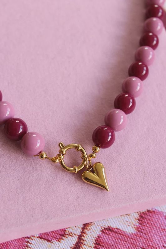 Kralenketting burgundy/velvet roze met gouden bedel