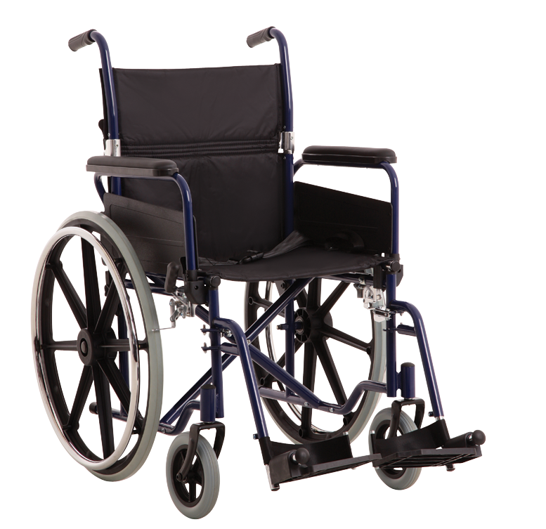 MLE ECONOMY STEEL WHEELCHAIR WITH CARE BLUE, ADJUSTABLE FOOTPLATES LENGTH