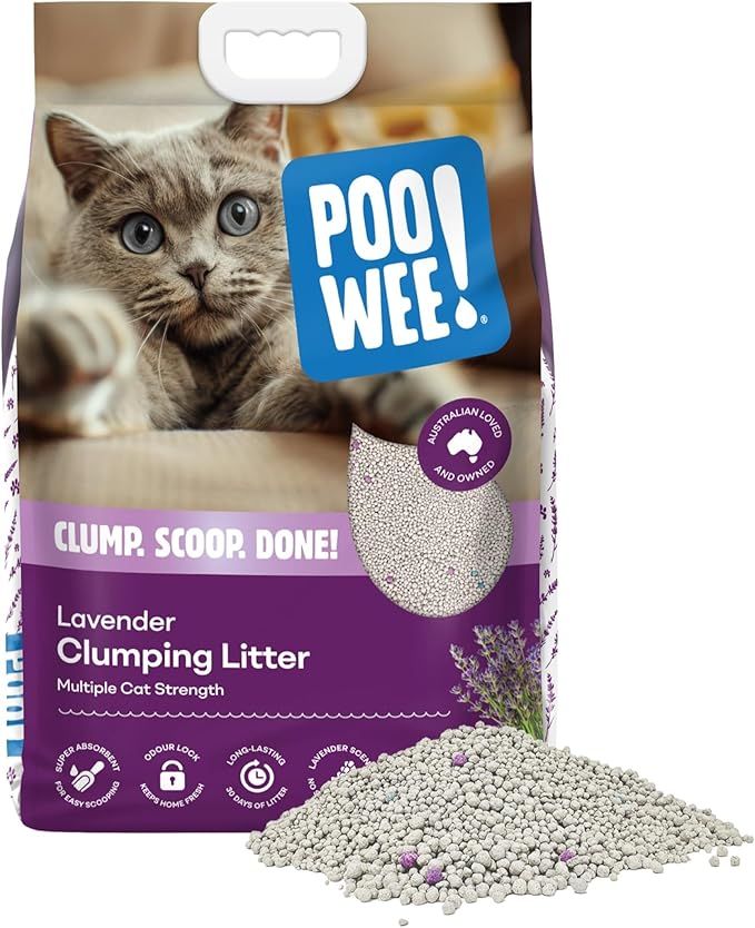 POOWEE! Clumping Lavender Cat &amp; Kitten Litter, 7.5kg - Long Lasting Clumping and Scoopable Litter, Odour Neutraliser, Easy to Clean The Litter Tray, Australian Owned, Mild Lavender Scent, Low Dust