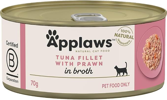 Applaws 100% Natural Wet Cat Food Tuna Fillet with Prawns in Broth, Limited Ingredients Pet Food 70g Tin (Pack of 24)