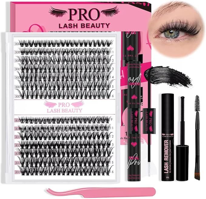 PRO DIY Lash Extension Kit 280Pcs Lash Clusters Kit Eyelash Extension Kit with Lash Bond and Seal Applicator Individual Lashes Kit Eyelash Brush Various Styles Easy to Apply at Home (30D+40D-9-16mix)