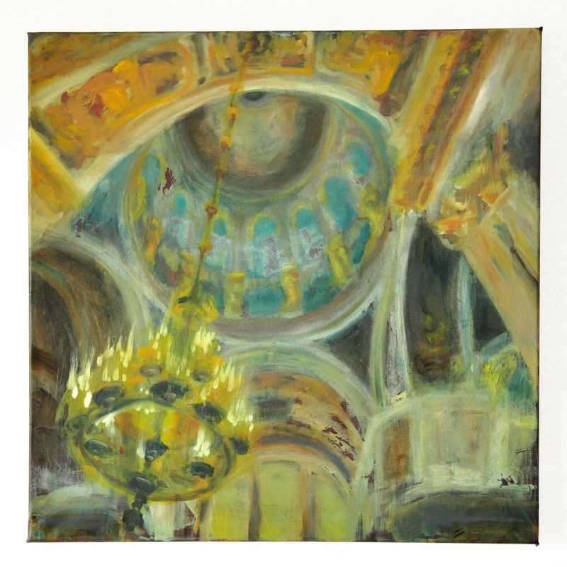 Cathedral Light original abstract mixed media artwork with red and blue textures