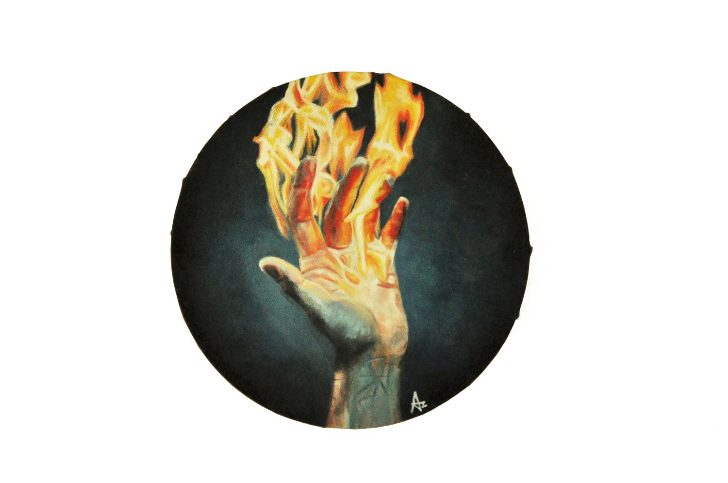 Hand rising from darkness holding living fire, circular fine art painting symbolizing strength, transformation and inner powe