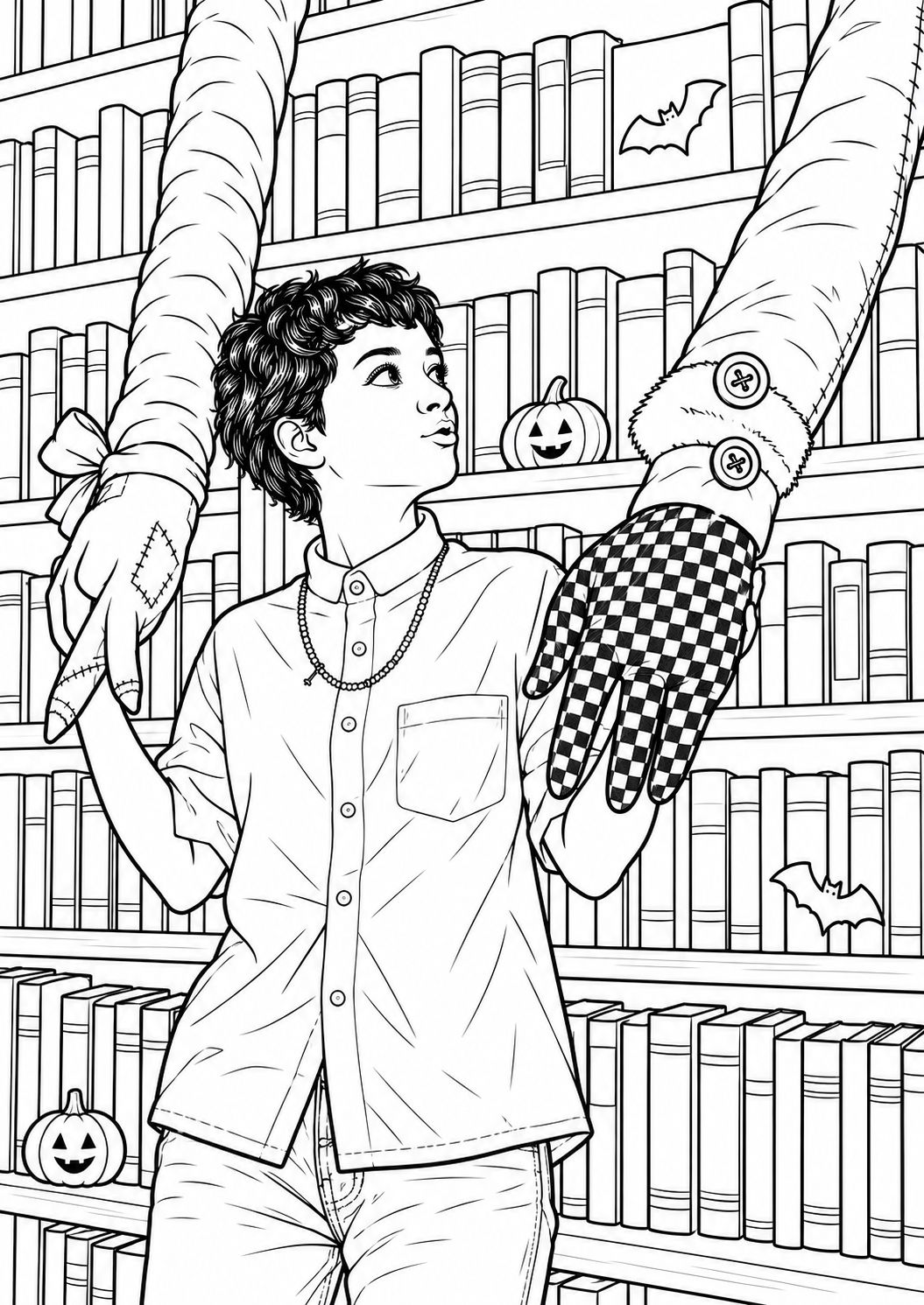 Bookshelves and giant fabric hands
