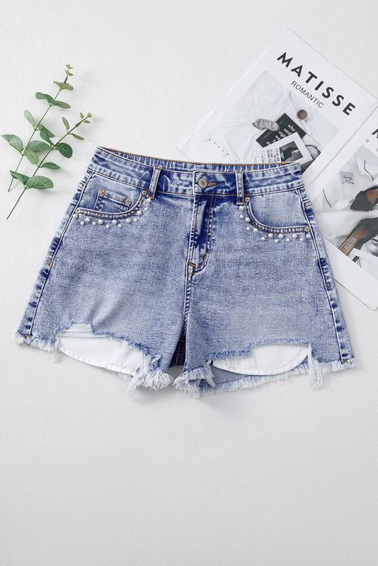 Beau Blue Pearl Studded Denim Shorts