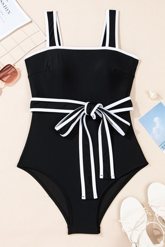Black Colorblock Belted One-Piece