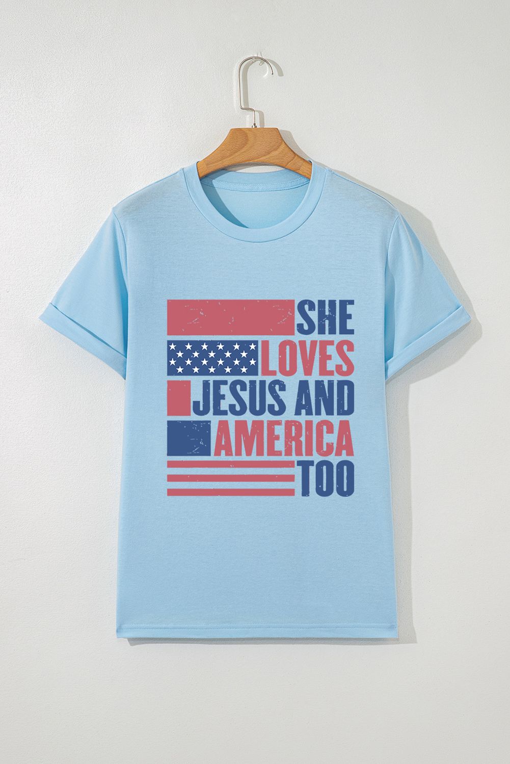 Light Blue &quot;She Loves Jesus &amp; America Too&quot; Tee, Size: Small