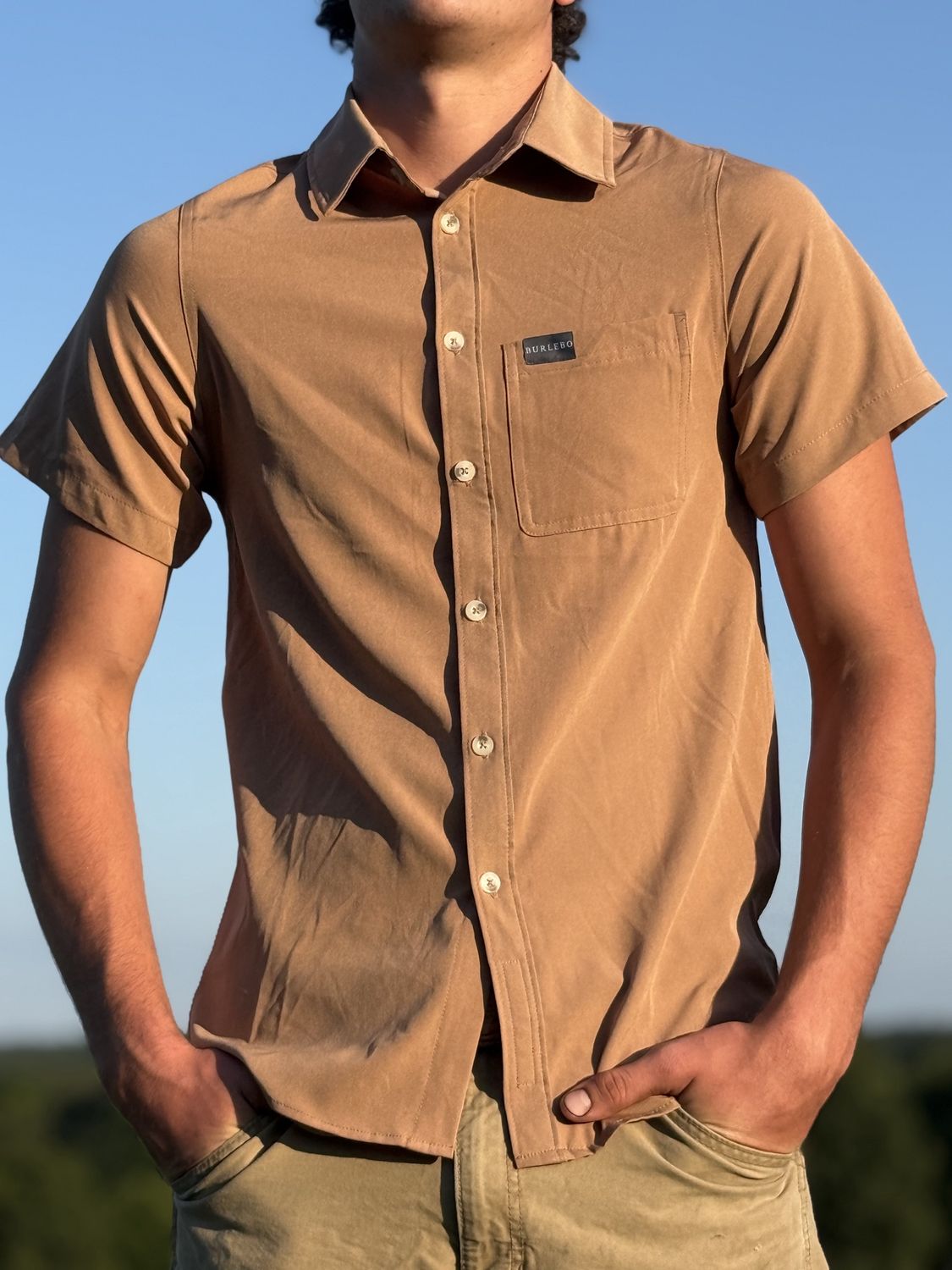 Burlebo Short Sleeve Button Up, Color: Tan, Size: Small