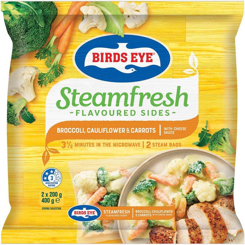Birds Eye Steam Fresh Flavoured Sides Broccoli, Cauliflower & Carrots With Cheese Sauce 2x200g