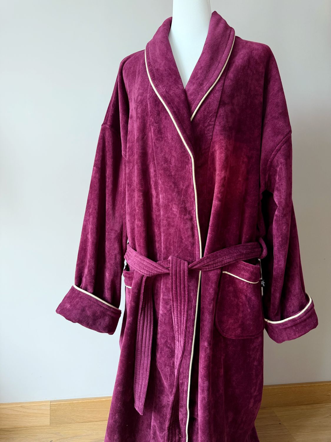 Bademantel Velours Berdeaux/Beige aus 100 % Baumwolle