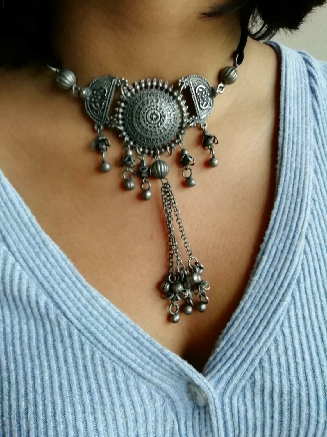 Ganesha Silver Oxidized Tribal Choker Necklace with Stud earrings –  AryaFashions