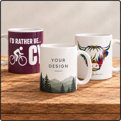Personalised and printed mugs with outdoor, hobby and gift designs