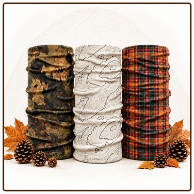 Autumn snood collection in camouflage, contour map and tartan designs