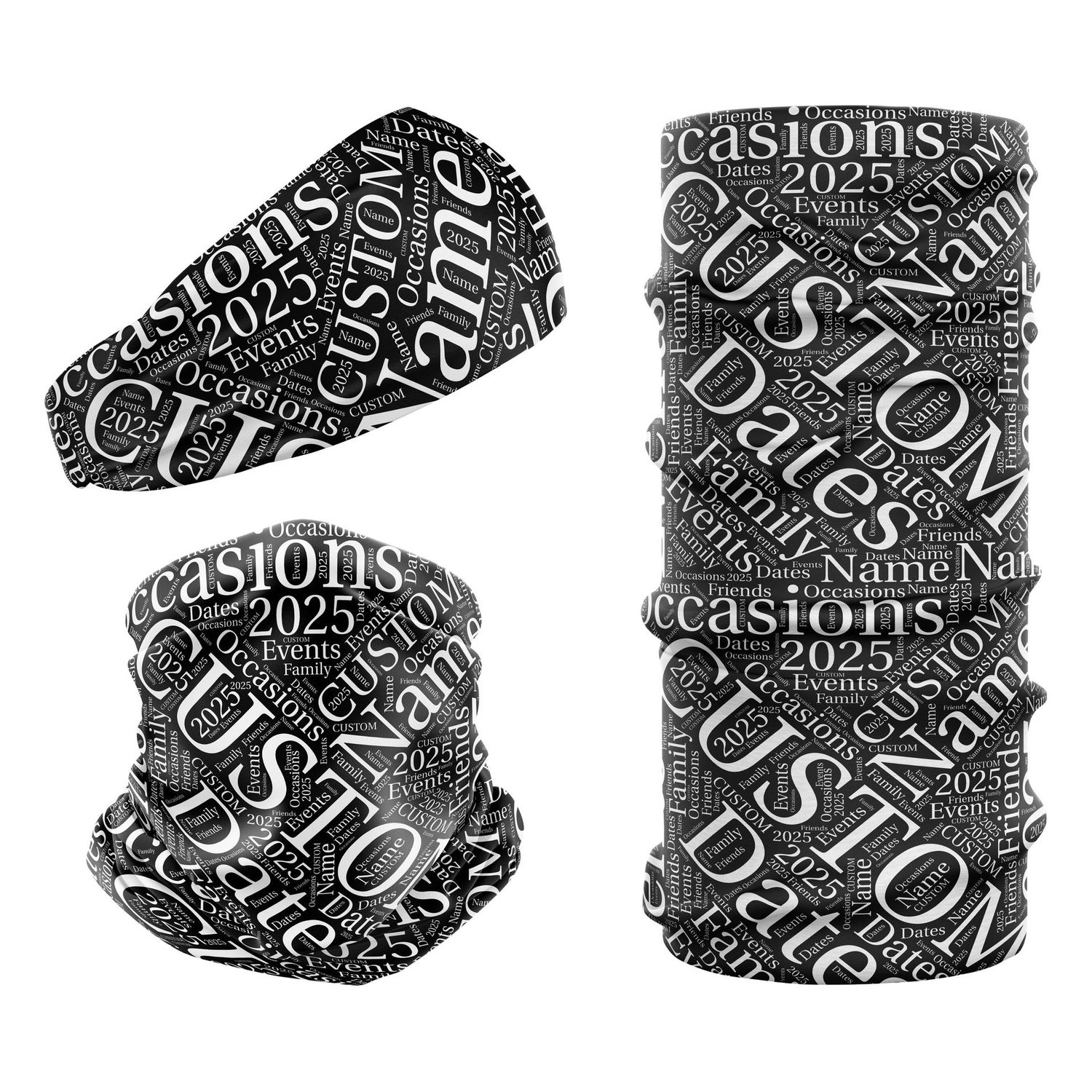 Personalised Name Text Cloud Neck Warmer Headwear. Design Mono Black Snood