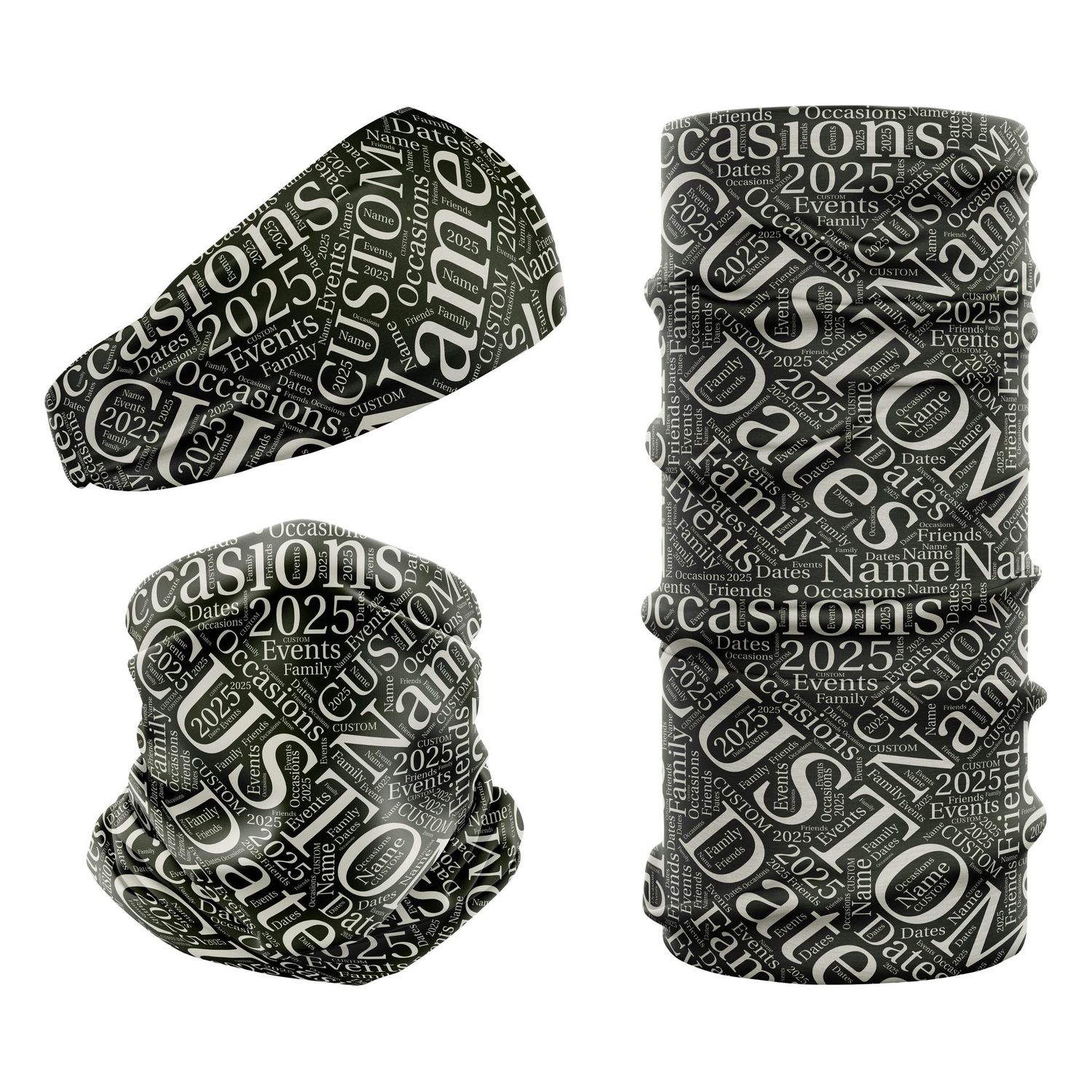Personalised Name Text Cloud Neck Warmer Headwear. Design Wild Green Snood