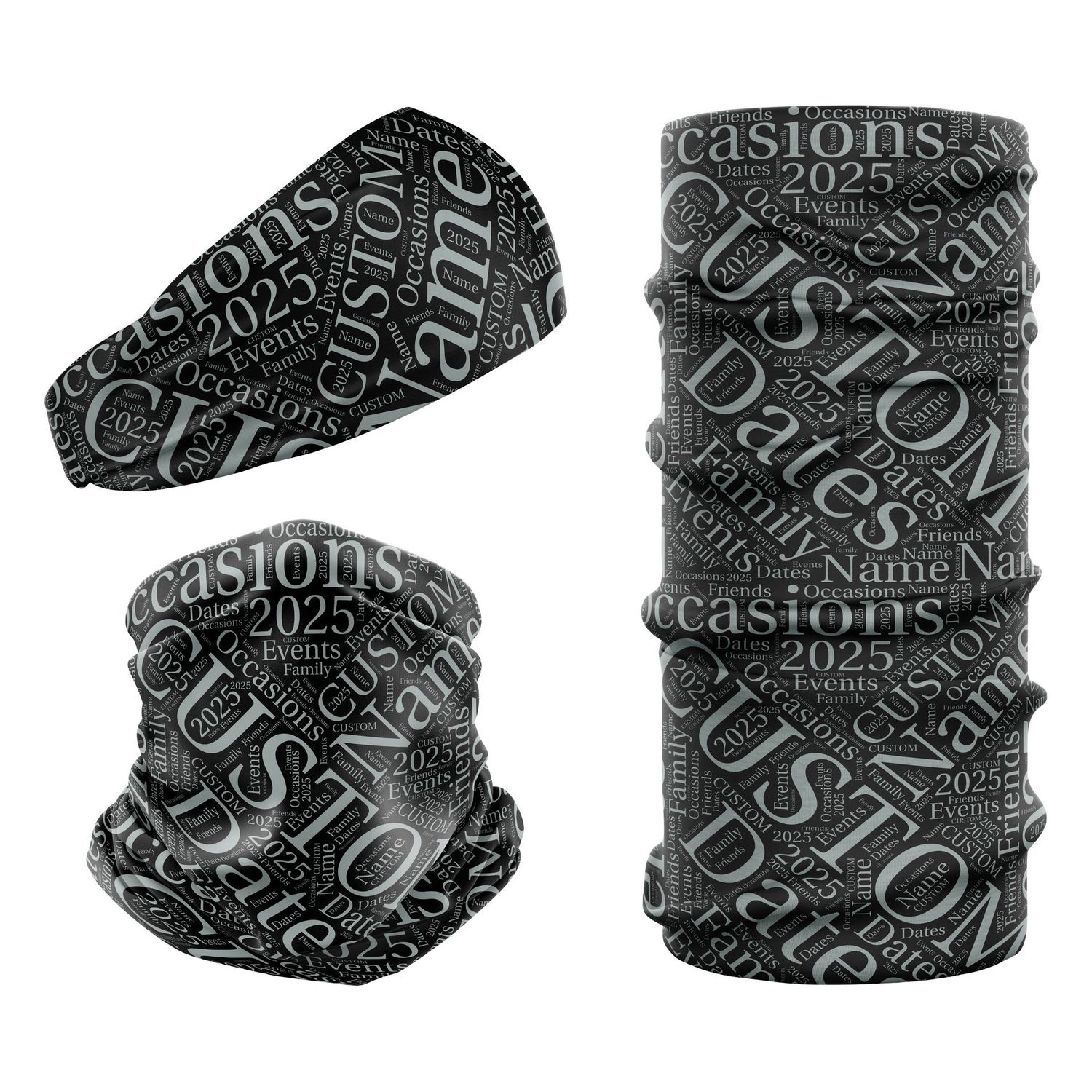 Personalised Name Text Cloud Neck Warmer Headwear. Design Raven Black Snood