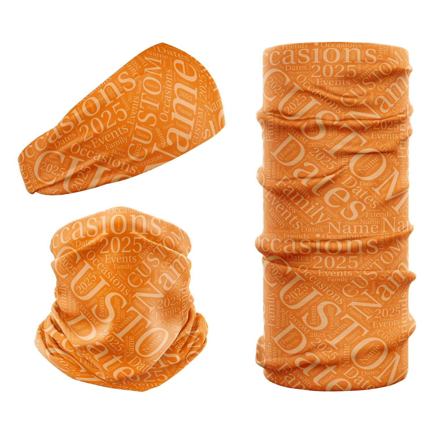 Personalised Name Text Cloud Neck Warmer Headwear. Design Blazing Orange Snood