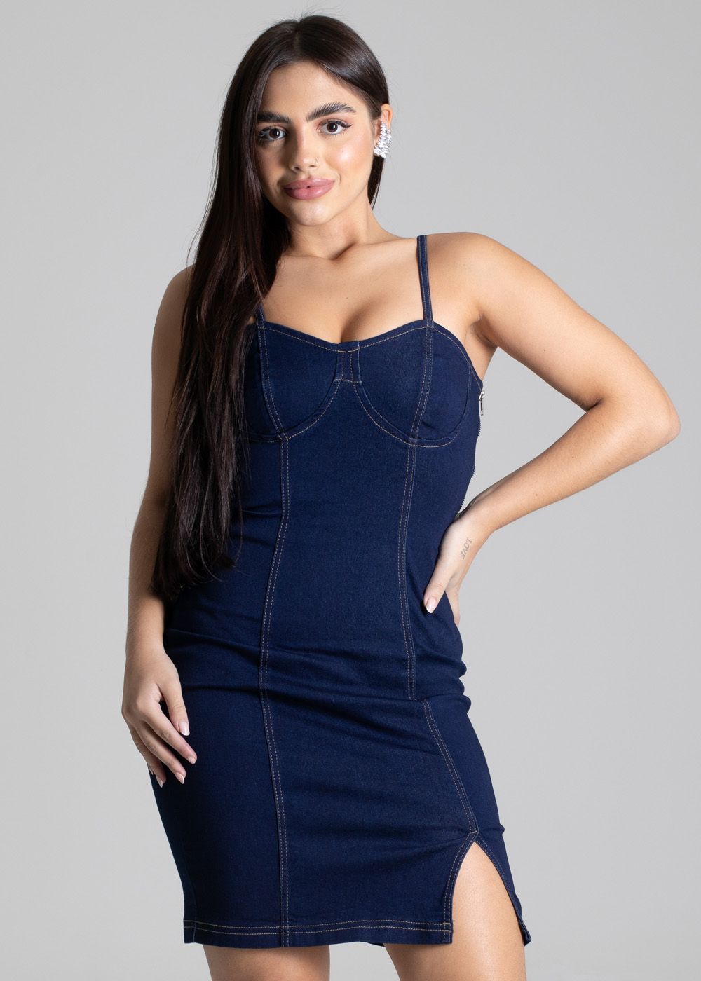 Sawary Denim Blue Dress - Short, Fitted, and Stylish with Thin Straps