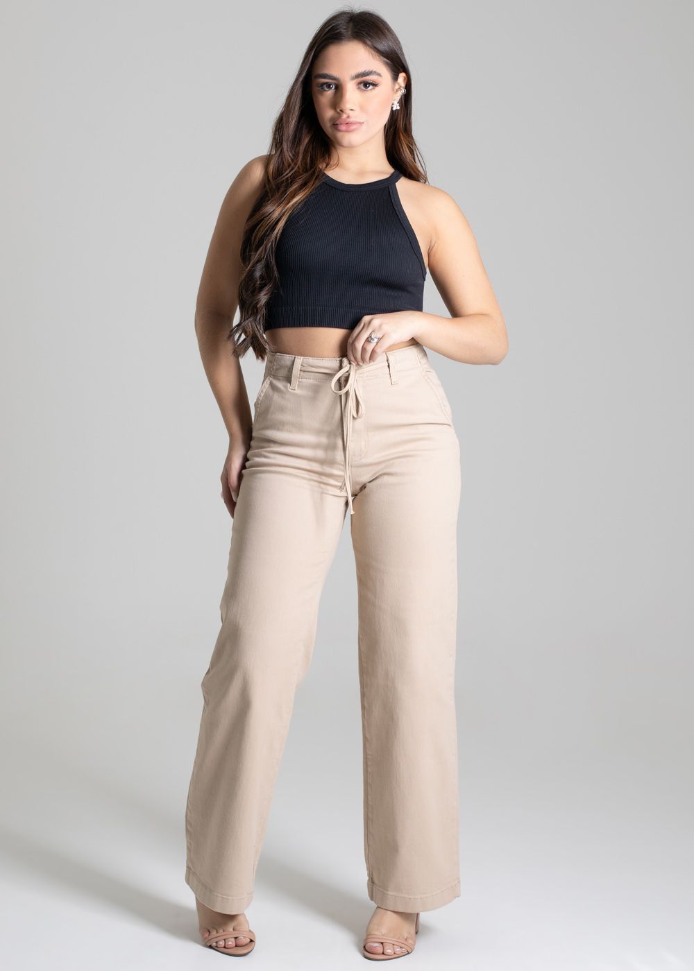 Sawary Women&#39;s High-Waisted Wide Leg Twill Pants in Beige
