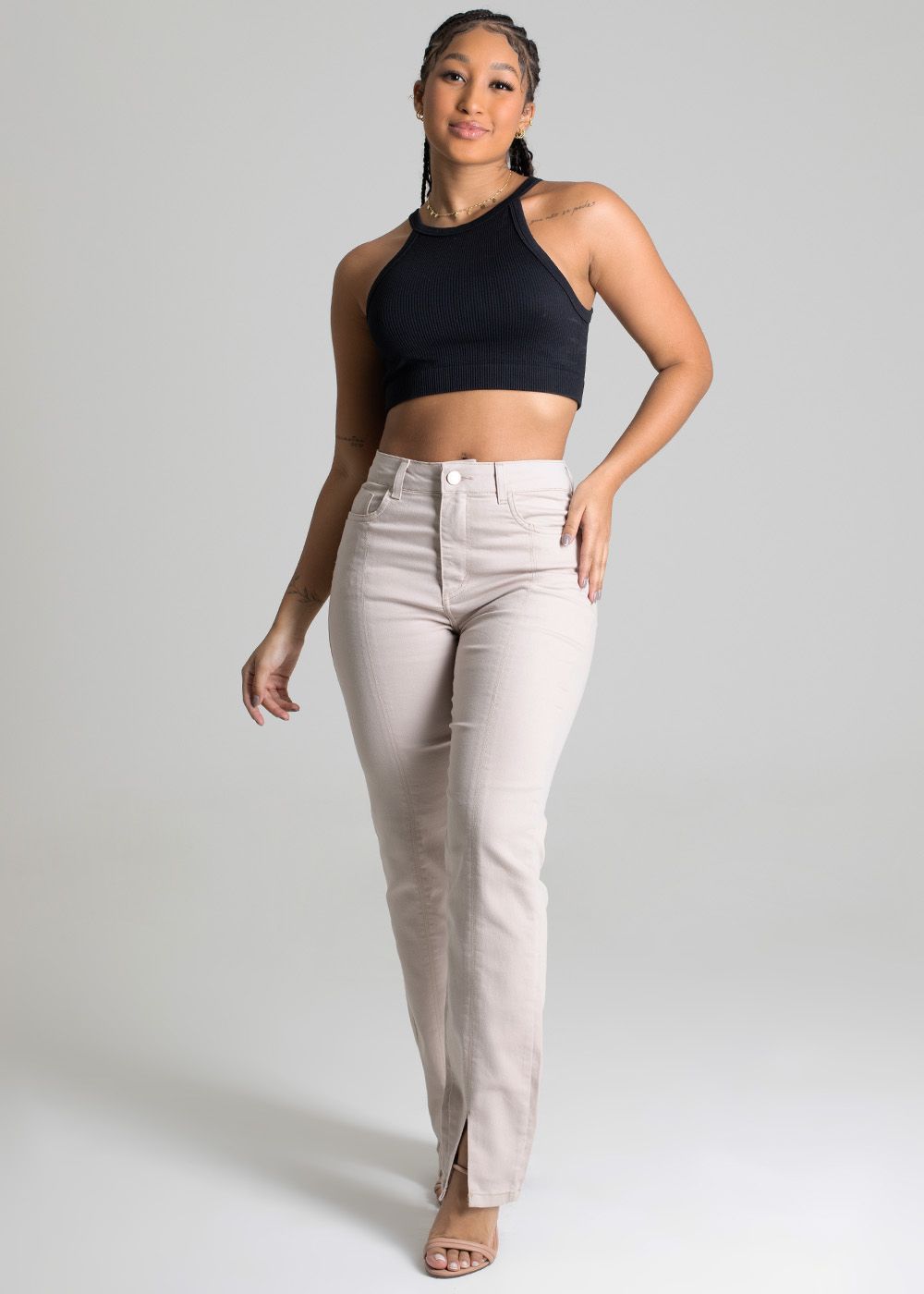 Sawary High-Waisted Straight-Leg Twill Pants for Women with Functional Front Pockets and Faux Back Pockets