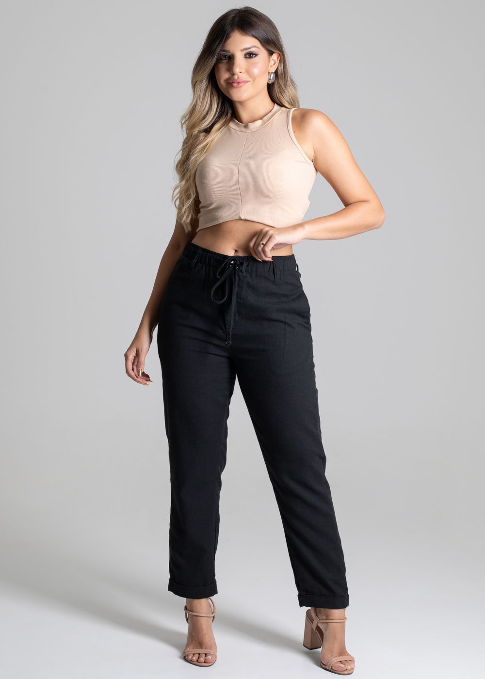 Sawary Parachute Linen Pants - High Waist, Loose Fit, Functional Pockets, Black