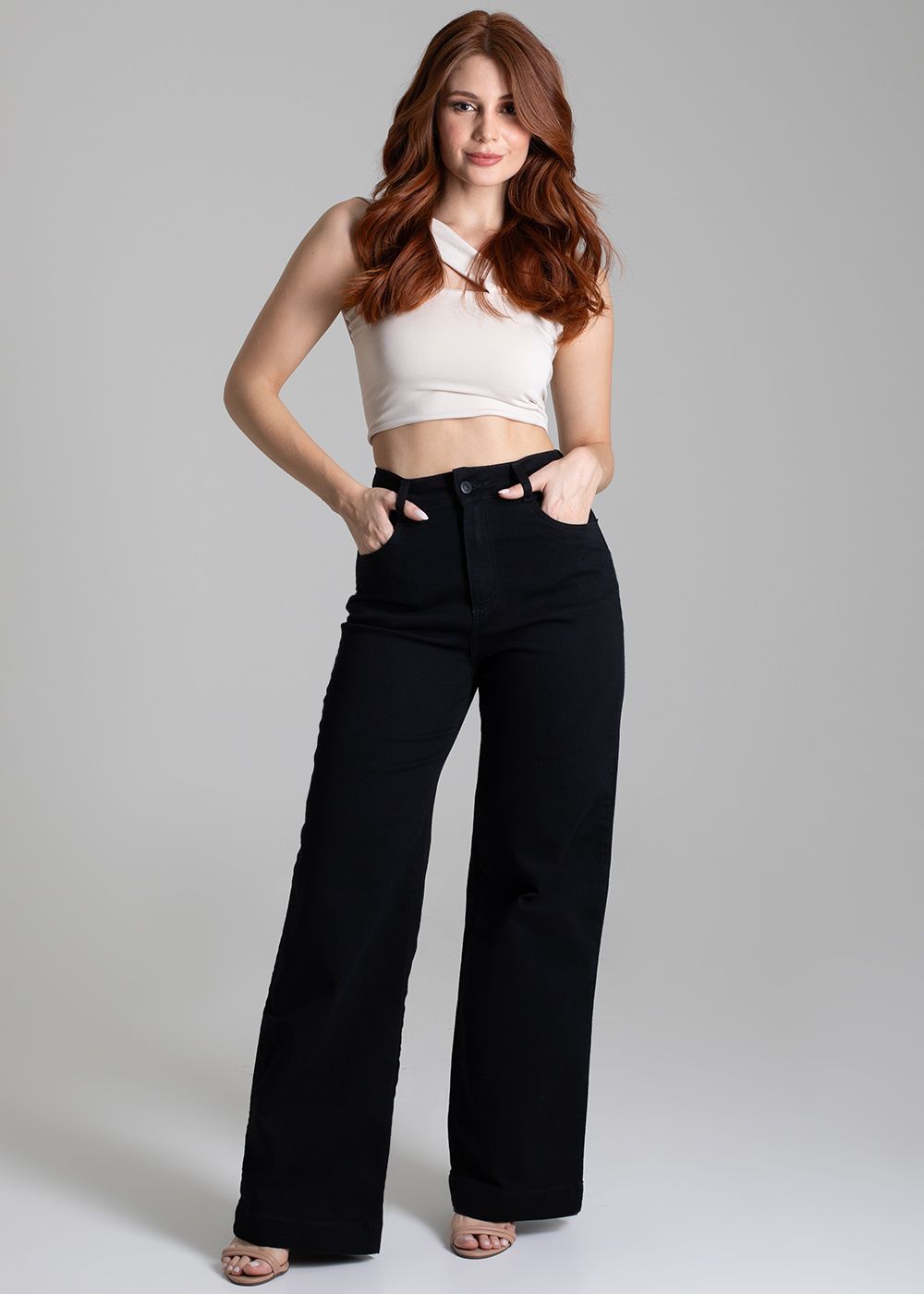 Sawary High-Waisted Wide Leg Twill Women&#39;s Pants in Black - Comfortable