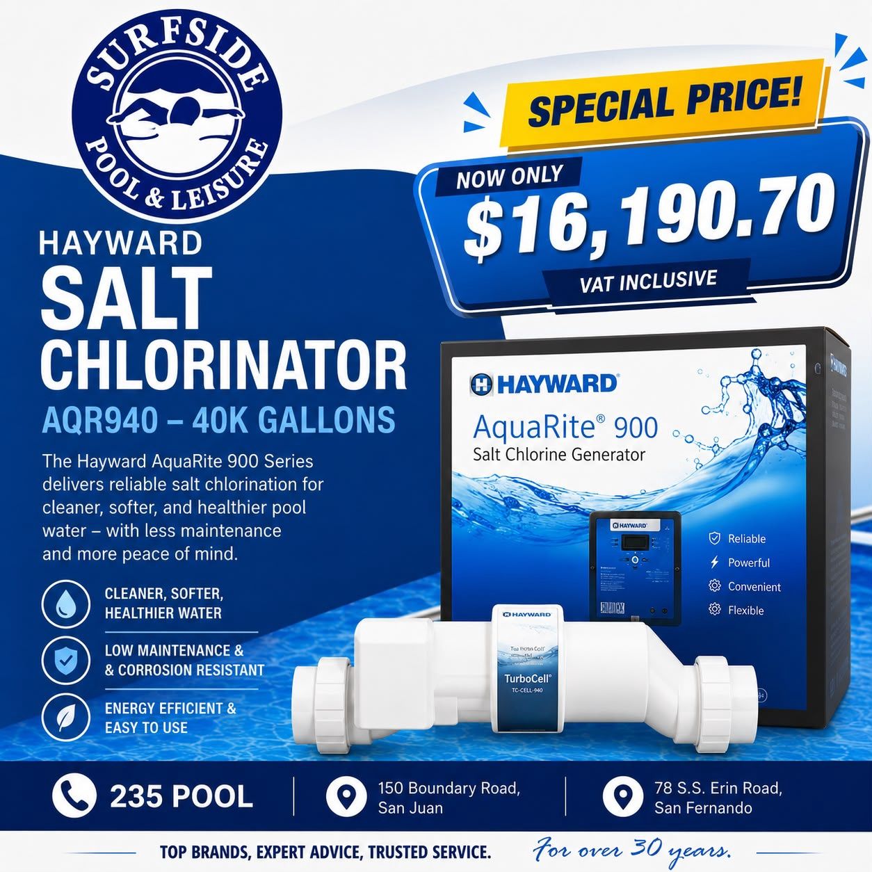HAYWARD SALT CHLORINATOR - AQUARITE 900 SERIES - 40K GALLONS