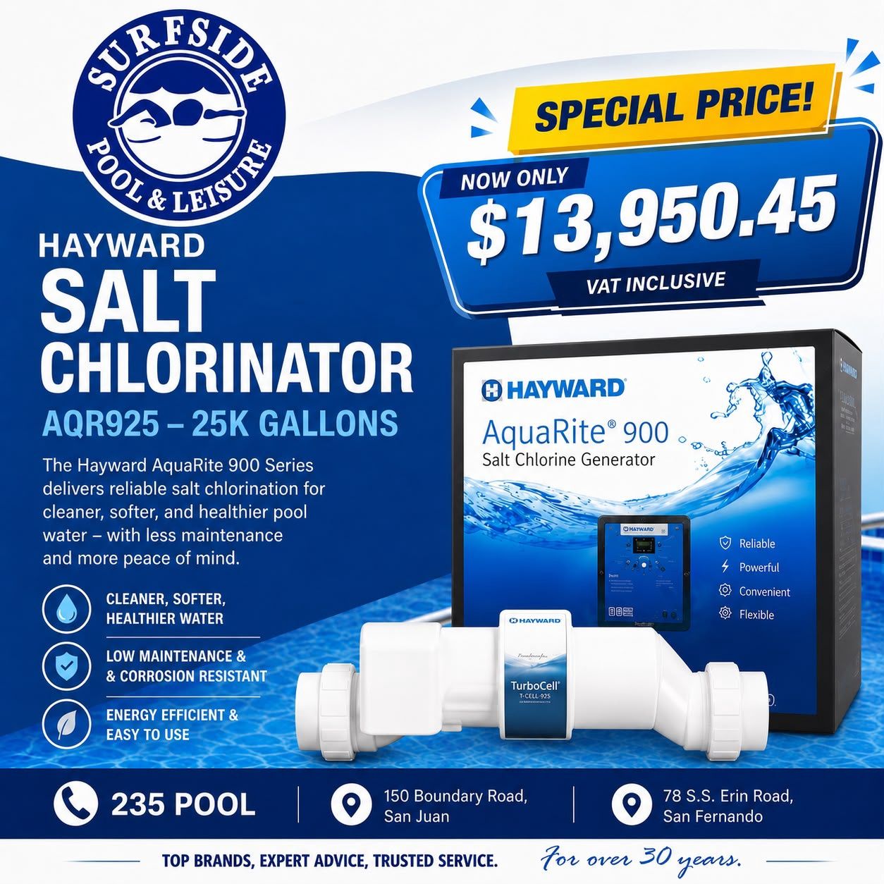 HAYWARD SALT CHLORINATOR - AQUARITE 900 SERIES - 25K GALLONS
