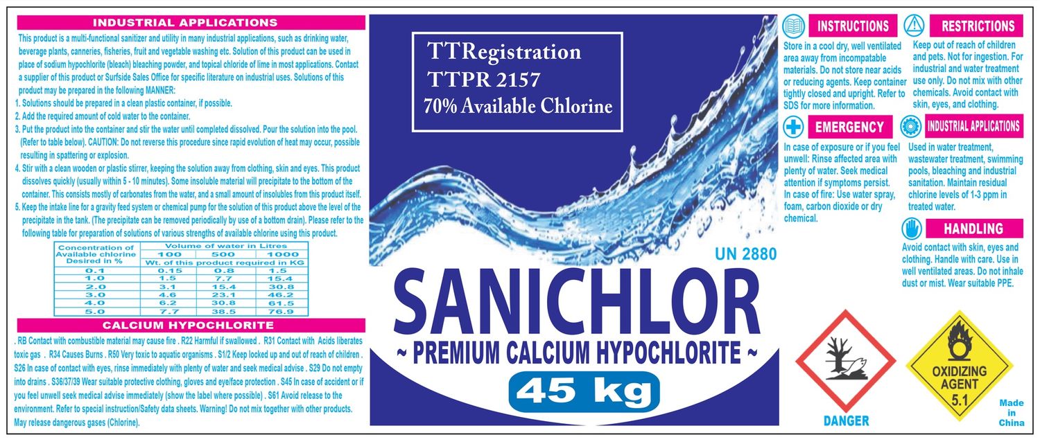 SANICHLOR UNSTABILIZED CHLORINE - 70% CALCIUM HYPOCHLORITE - 45 KG (100 LBS)