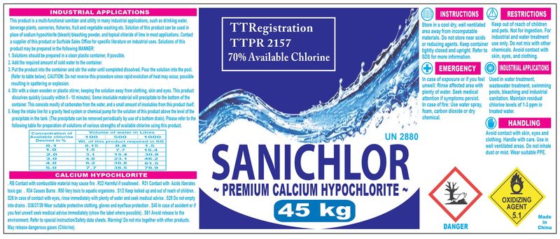 SANICHLOR UNSTABILIZED CHLORINE - 70% CALCIUM HYPOCHLORITE - 45 KG (100 LBS)