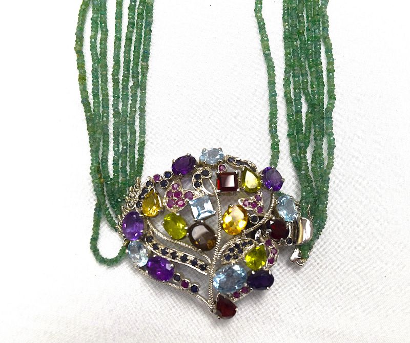 Heidi Daus Glass Bead and Rhinestone Silver-plate Statement Necklace Green Beads 19 Inches