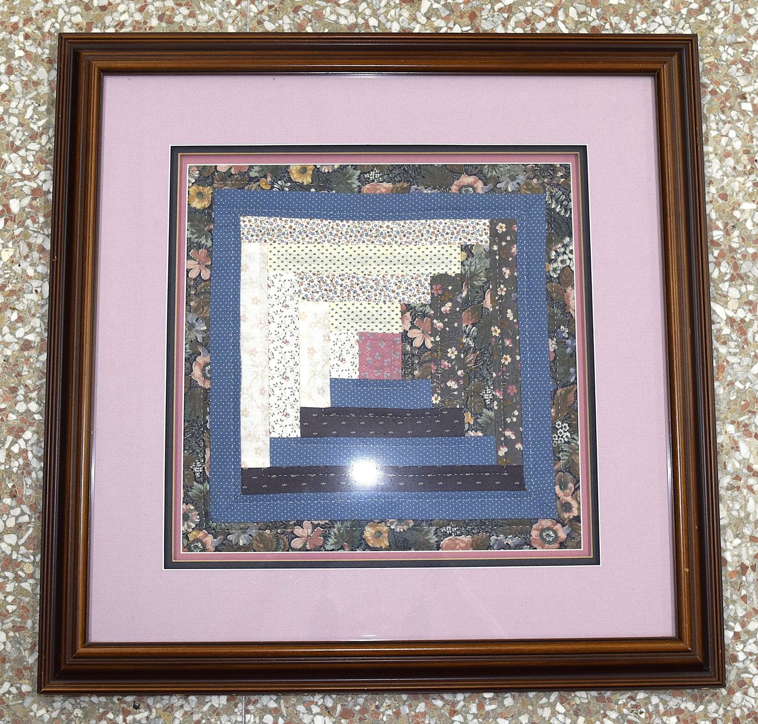 Framed, Handmade Log Cabin Quilt Block, Vintage Fabric