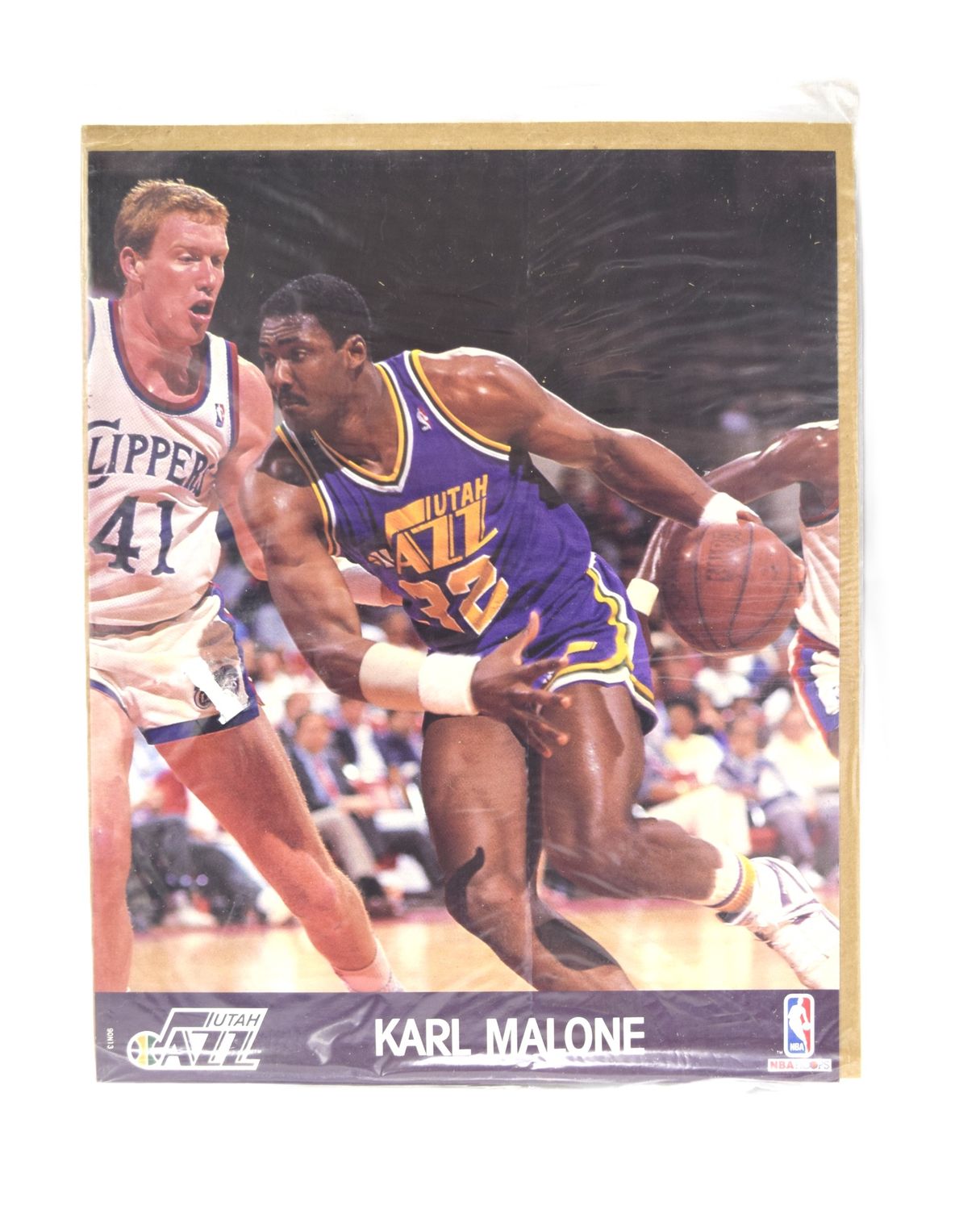 1990 NBA Hoops Action Print with Stats: Karl Malone, Utah Jazz New, sealed, 8 X 10 Glossy print with stats