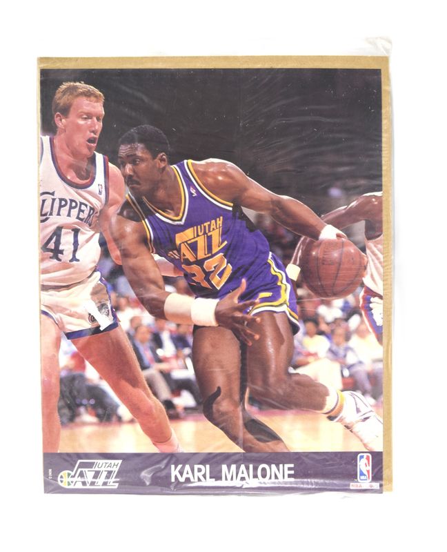 1990 NBA Hoops Action Print with Stats: Karl Malone, Utah Jazz New, sealed, 8 X 10 Glossy print with stats