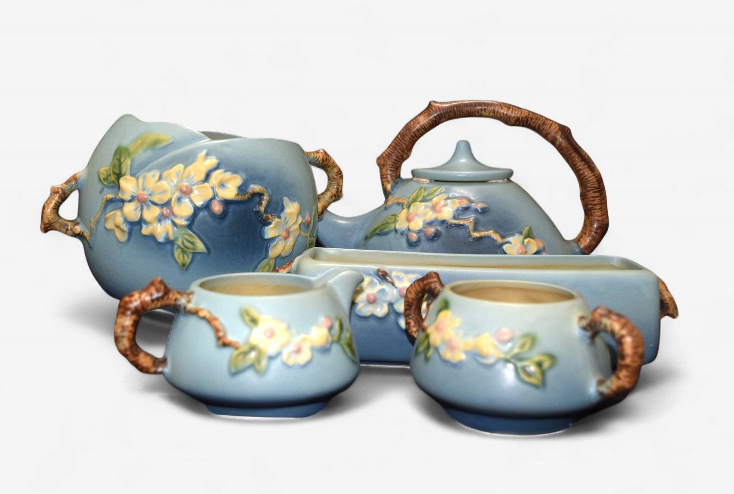 5 Piece Roseville Pottery Apple Blossum (in Blue) Pattern Tea Set