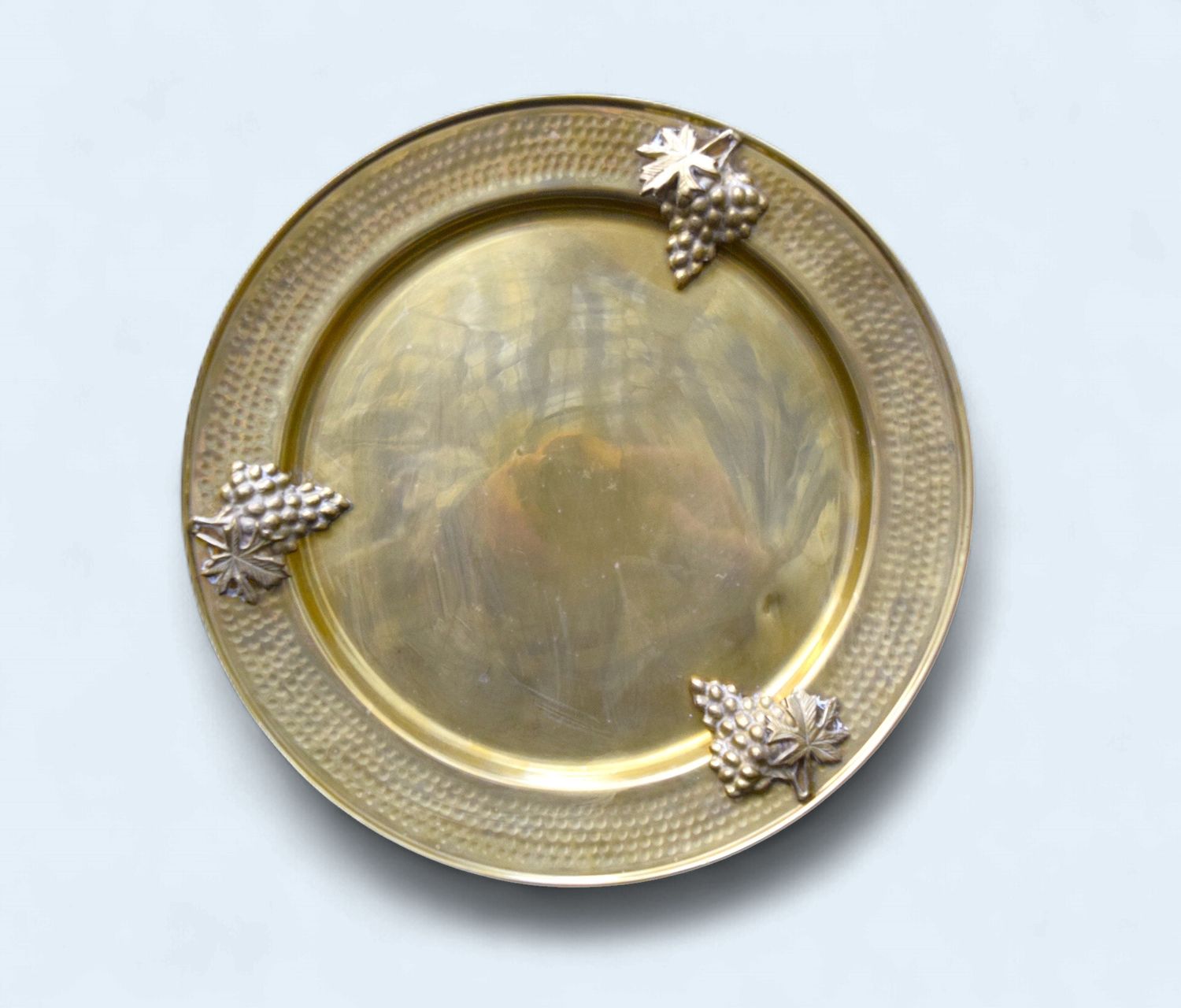 Vintage Brass Platter, Hand Hammered with Grape Detail