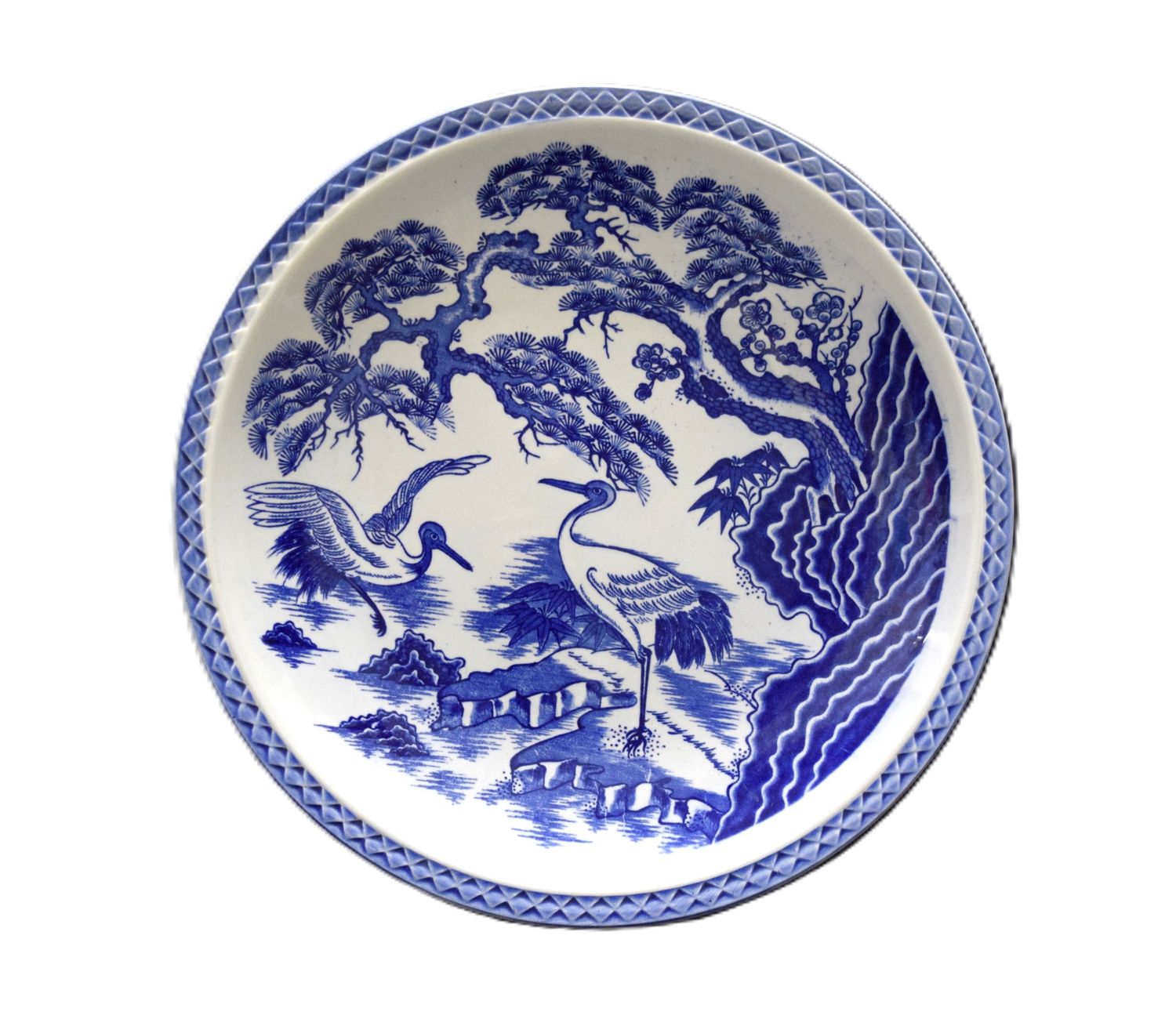 Blue/White Japanese Charger Plate Featuring Cranes, 13”